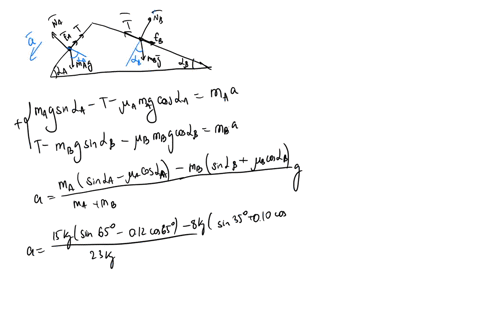 i-sidee-diagram-shown-block-a-is-1s-kg-and-block-b-is-8kg-the-incline-on-block-a-s-side-makesan-angle-of-65-with-the-horizondal-od-the-incline-0n-block-b-ssideoakes-an-angle-of-350-with-the-56611