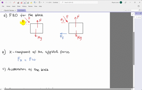an-applied-25-n-force-pushes-frictionless-ona-50kgl-horizontal-block-resting-directed-downwards-at-surface-the-force-is-draw-an-angle-of-308-force-diagram-for-the-block-determine-the-x-compo-39092