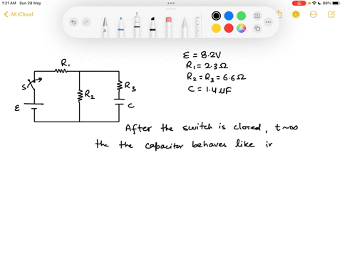 consider-the-circuit-shown-below-where-the-battery-has-an-emf-of-e-82-v-the-resistors-have-the-resistances-of-r123-r2-r3-66-and-the-capacitance-of-the-capacitor-is-c14-f-the-switch-s-is-closed-at-t0-t