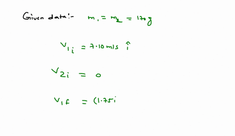 a-170-g-billiard-ball-is-shot-toward-an-identical-ball-at-velocity-vi-710-ms-the-identical-ball-is-initially-at-rest-after-the-balls-hit-one-of-them-travels-with-velocity-v1-f-175-216-ms-wha-77682