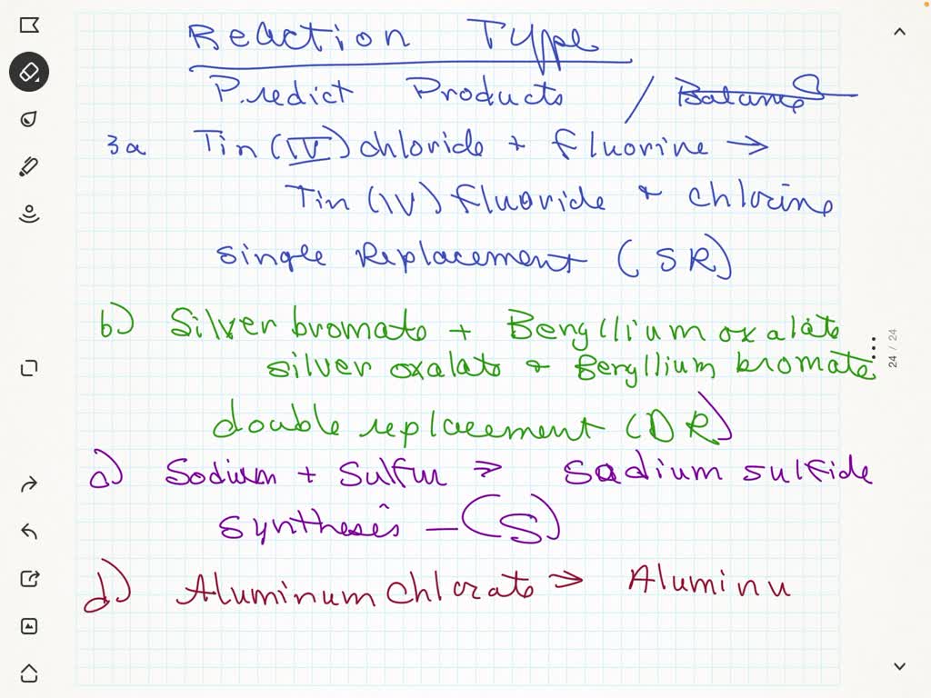 For each of the following, identify the type of reaction (S, D, SR, DR
