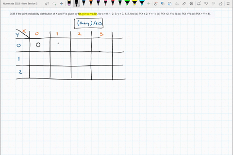 338-if-the-joint-probability-distribution-of-x-and-y-is-given-by-fx-y-x-y-30-for-x-0-1-2-3-y-0-1-2-find-a-px-2-y-1-b-px-2-y-1-c-px-y-d-px-y-4-01046
