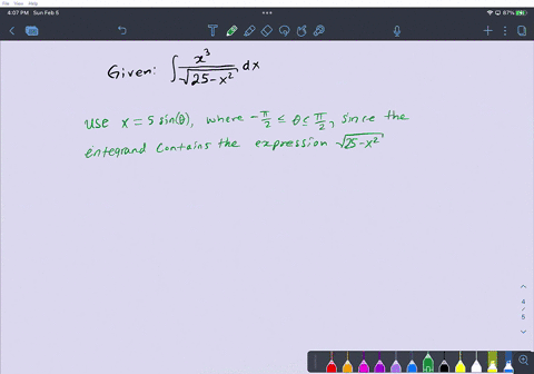 consider-the-following-function-dx-25-x2-a-determine-an-appropriate-trigonometric-substitution-_-use-x-5-sin0-where-0-since-the-integrand-contains-the-expression-52-_-x2-2-2-use-x-5-tan0-whe-25077