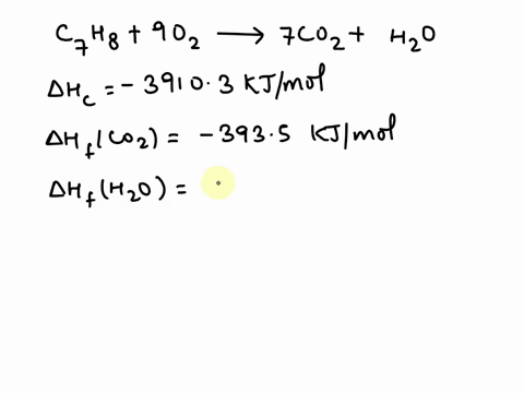 the-heat-of-combustion-of-toluene-c7h8l-is-39103-kjmol-what-is-the-enthalpy-of-formation-of-toluene-see-the-appendix-67075