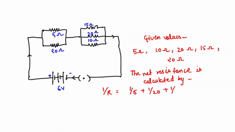 in-a-circuit-given-below-five-resistances-of-5-ohm-20-ohm-15-ohm20-ohm-and-10-ohm-are-connected-as-given-in-figure-to-a-6-volt-battery-calculate-the-total-resistance-and-current-flowing-in-t-43345
