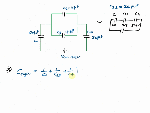four-capacitors-are-connected-to-a-battery-as-shown-in-the-figure-below-c-20-le-c2-10-uf-c3-4-pf-c4-30-uf-and-vo-45-v-find-the-equivalent-capacitance-of-this-set-of-capacitors-the-potential-74153