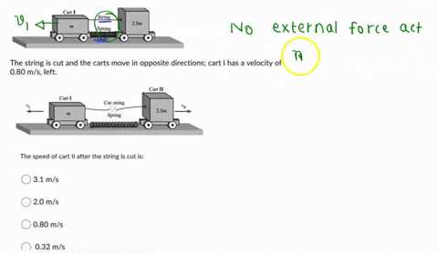 two-laboratory-carts-are-placed-on-a-frictionless-surface-a-spring-is-attached-to-both-carts-and-compressed-as-shown-in-the-diagram-below-a-string-holds-the-two-carts-together-so-that-they-a-83956