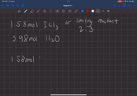 calculate-the-maximum-number-of-moles-and-mass-of-iodic-acid-hio3-that-can-form-when-735-g-of-iodine-trichloride-reacts-with-1077-g-of-water-what-mass-of-excess-reagent-remains-2-icl3-3-h2o-16234