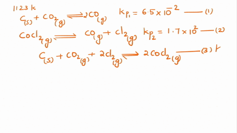 the-following-equilibrium-constants-were-determined-at-1123-k-c-s-co2-g-2-co-g-kp-65-x-10-2-cocl2-g-co-g-cl2-g-kp-17-x-102-a-calculate-kp-for-the-reaction-c-s-co2-g-2-cl2-g-2-cocl2-g-b-does-99847