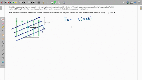consider-positively-charged-particle-q-moving-in-the-x-direction-with-velocity-u-there-is-constant-magnetic-field-of-magnitude-b-which-makes-308-angle-with-the-z-axis_-as-shown_-there-is-als-93063
