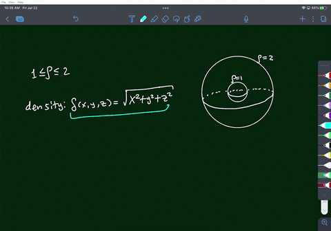 an-object-occupies-the-region-between-the-unit-sphere-at-the-origin-and-a-sphere-of-radius-2-with-center-at-the-origin-and-has-density-equal-to-the-distance-from-the-origin-find-the-mass-69457