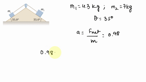 a-cord-passing-over-a-pulley-connects-two-masses-as-shown-where-m1-430-kg-and-m2-700-kg-the-system-accelerates-with-a-magnitude-of-098-ms-the-coefficient-of-kinetic-friction-between-the-mass-33313