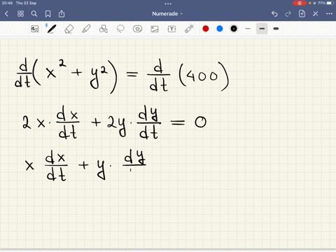 assume-that-x-and-y-are-both-differentiable-functions-of-t-and-find-the-required-values-of-dydt-and-dxdt-x2-y2-400-a-find-dydt-given-x-12-y-16-and-dxdt-9-dydt-b-find-dxdt-given-x-16-y-12-and-97915