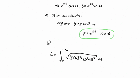 a-find-an-equation-in-polar-coordinates-for-the-curve-x-e2t-cos-t-y-e2t-sin-t-infinityt-infinity-b-find-the-length-of-the-curve-from-t-0-to-t-2pai-18237