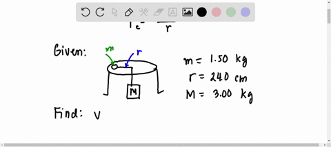a-puck-of-mass-m-150-kg-slides-in-a-circle-of-radius-r-240-cm-on-a-frictionless-table-while-attached-to-a-hanging-cylinder-of-mass-m-300-kg-by-a-cord-through-a-hole-in-the-table-what-speed-k-05871