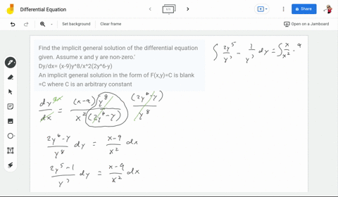 find-the-implicit-general-solution-of-the-differential-equation-given-assume-x-and-y-are-non-zero-dydx-x-9y8x22y6-y-an-implicit-general-solution-in-the-form-of-fxyc-is-blank-c-where-c-is-an-87636