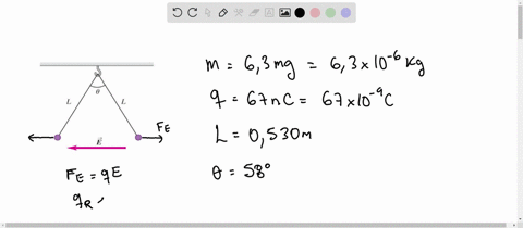 two-tiny-spheres-of-mass-630-mg-carry-charges-of-equal-magnitude-670-nc-but-opposite-sign-they-are-tied-to-the-same-ceiling-hook-by-light-strings-of-length-0530-m-when-a-horizontal-uniform-e-97328