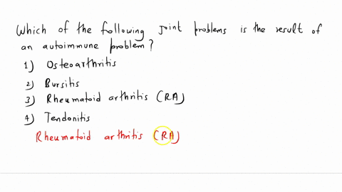 which-of-the-following-joint-problems-is-the-result-of-an-autoimmune-problem-1-osteoarthritis-2-bursitis-3-rheumatoid-arthritis-ra-4-tendonitis-34447