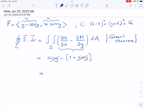 20-use-greens-theorem-to-evaluate-f-dr-c-check-the-orientation-of-the-curve-before-applying-the-theorem-fx-y-y-cosy-x-siny-c-is-the-circle-x-42-y-62-16-oriented-clockwise