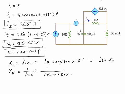 use-nodal-analysis-to-find-current-io-in-the-circuit-of-fig-2-let-is-6-cos200t-15-a-and-vs-3-sin200t-30-v-01-vo-100-ww-100-50-uf-100-mh-69882