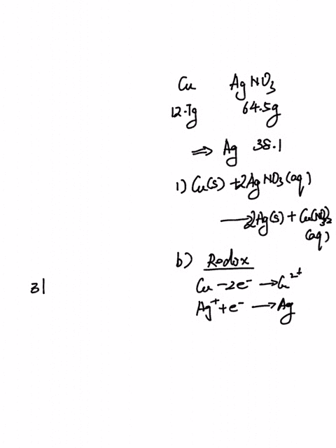 in-a-chemical-reaction-between-copper-metal-and-silver-nitrate-127-g-of-copperii-and-645-g-of-silver-nitrate-react-and-381-g-of-silver-is-produced-21-predict-the-products-and-write-the-balan-63702