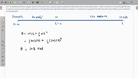 at-t-0-a-grinding-wheel-has-an-angular-velocity-of-240-rads-it-has-a-constant-angular-acceleration-of-300-rads2-until-a-circuit-breaker-trips-at-t-200-s-from-then-on-it-turns-through-432-rad-21732