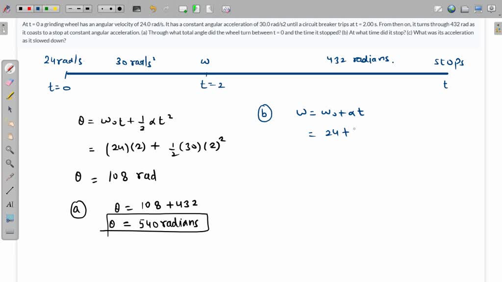 SOLVED: At T = 0 A Grinding Wheel Has An Angular Velocity Of 24.0 Rad/s ...