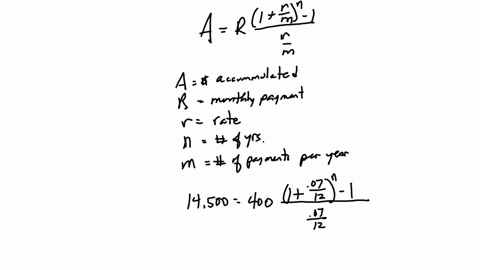 use-the-formula-for-the-future-value-of-an-ordinary-annuity-to-solve-for-n-when-a14500-the-monthly-payment-r400and-the-annual-interest-rate-r70-ar-r-m-round-up-to-the-nearest-integer-as-need-17067