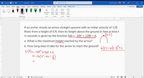 if-an-archer-shoots-an-arrow-straight-upward-with-an-initial-velocity-of-160-ftsec-from-a-height-of-6-ft-then-its-height-above-the-ground-in-feet-at-time-t-in-seconds-is-given-by-the-functio-63208