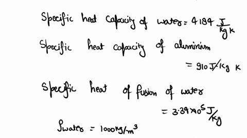 an-aluminium-calorimeter-of-mass-005-kg-is-filled-with-230-cm3-water-and-75-g-of-melting-ice-in-thermal-equilibrium-an-unknown-metal-cube-of-mass-300-g-and-temperature-of-250c-is-added-to-th-96715