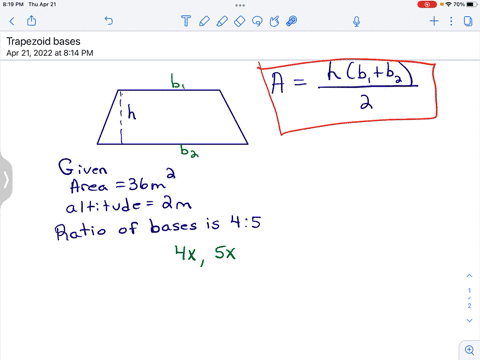 a-trapezoid-has-an-area-of-36-m2-and-an-altitude-of-2-m-its-two-bases-have-ratio-of-45-what-are-the-lengths-of-the-bases-44556
