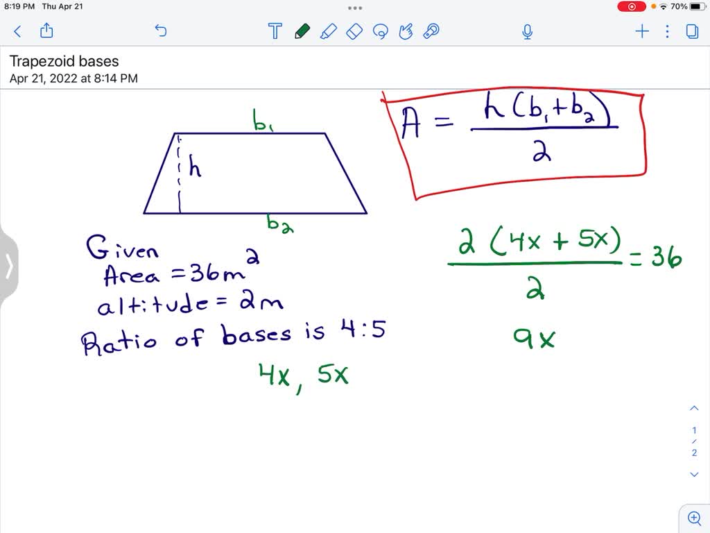 SOLVED: A trapezoid has an area of 36 m2 and an altitude of 2 m. Its ...