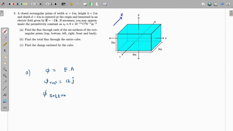 closed-rectangular-prism-of-width-4m-height-h-2m-and-depth-3m-is-centered-at-the-origin-and-immersed-in-an-electric-field-given-by-e-2k-if-necessary-you-may-approx-imate-the-permittivity-con-91902