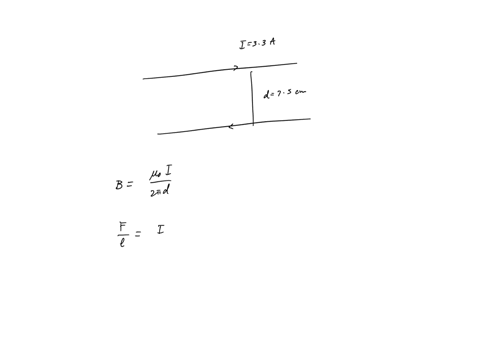 two-long-parallel-wires-separated-by-75-cm-each-carry-33-opposite-directions-o-47-10-7-tma-what-magnetic-force-per-length-acts-on-each-of-the-wires-is-it-attractive-or-repulsive-b-find-the-m-32008