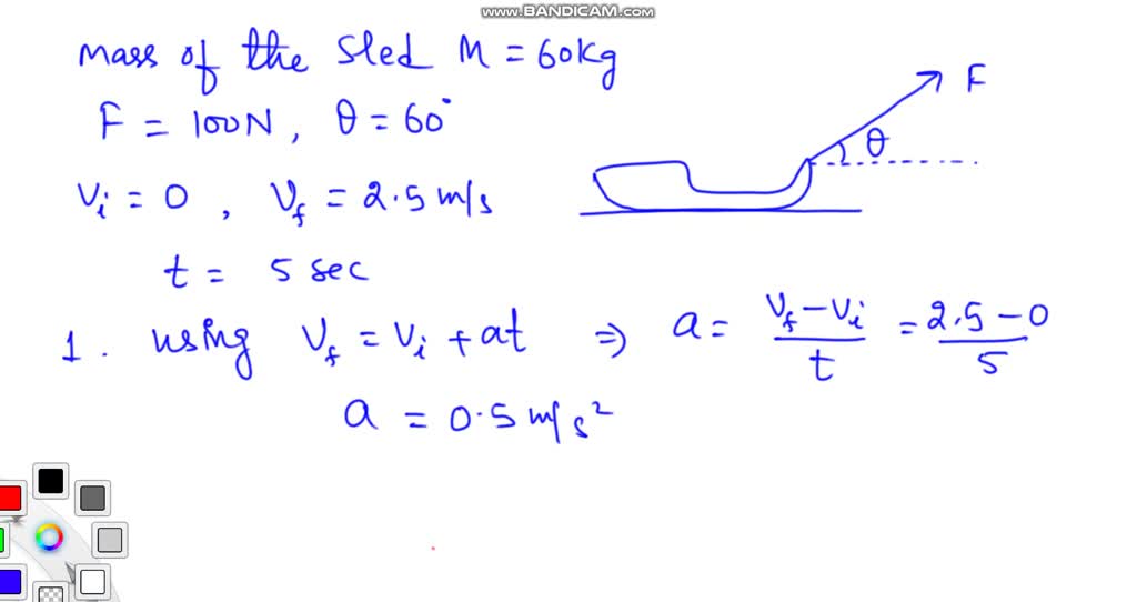 SOLVED A 60kg sled is pulled by a string with a force of 100N and the
