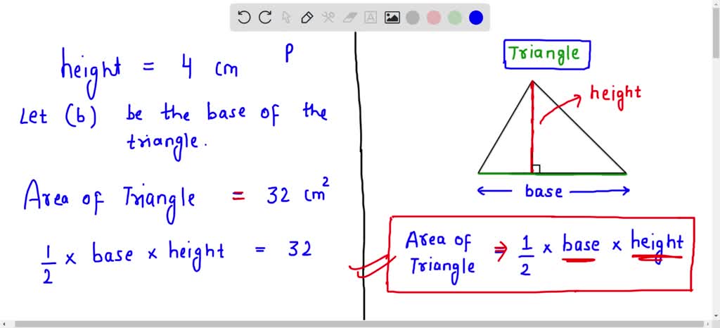 SOLVED: The formula for the area of a triangle is A = 1/2 bh, where b is base of and h is the height of the triangle. What is