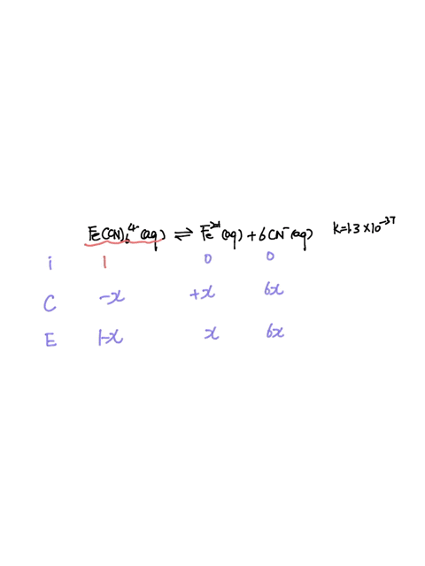 the-equilibrium-constant-for-the-reaction-shown-below-is-k-13-x-10-37-fecn64-aq-fe2aq-6-cn-aq-if-a-solution-is-prepared-with-initial-concetration-of-fecn64-100-mol-l-1-what-will-be-the-equil-90458