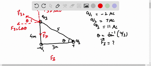 k2-consider-three-point-charges-located-at-the-corners-of-a-right-triangle-as-shown-in-the-figure-where-q1-uc-42-7uc-and-q3-iluc-find-the-resultant-force-exerted-0n-43-ans-f-132x10-3i-17x10-96586