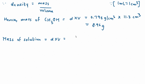 a-dilute-solution-with-a-density-of-0980-gcm3-at-20c-is-prepared-by-dissolving-113-ml-of-ch3oh-with-a-density-of-0793-gcm3-in-water-to-make-a-total-of-750-ml-of-the-solution-what-is-the-ch3oh-expresse
