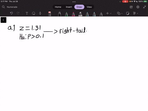 the-test-statistic-of-z-131-is-obtained-when-testing-the-claim-that-p-01_-identify-the-hypothesis-test-as-being-two-tailed-left-tailed-or-right-tailed-b-find-the-p-value_-using-significance-18112