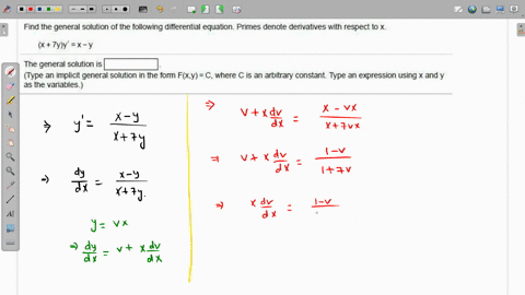 find-the-general-solution-of-the-following-differential-equation-primes-denote-derivatives-with-respect-to-x-x-tyy-x-y-the-general-solution-type-an-implicit-general-solution-in-the-fom-fxy-c-46178