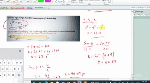 solve-the-right-triangle-round-the-measurements-t0-1-decimal-place-a-9-c-20-swimming-pool-has-a-depth-of-4-ft-at-the-shallow-end-and-ft-at-the-deep-end-the-bottom-of-the-pool-slopes-downward-12683