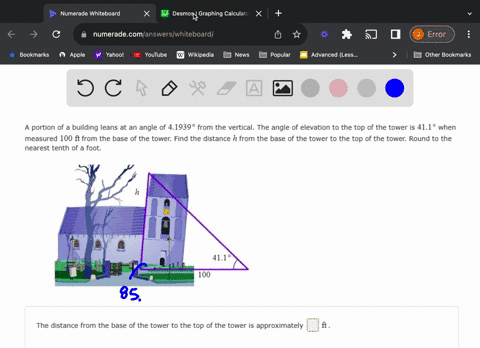 portion-of-a-building-leans-at-an-angl-of-41939-from-the-vertical-the-angle-of-elevation-to-the-top-of-the-tower-is-411-when-measured-100-ft-from-the-base-of-the-tower-find-the-distance-h-fr-11343