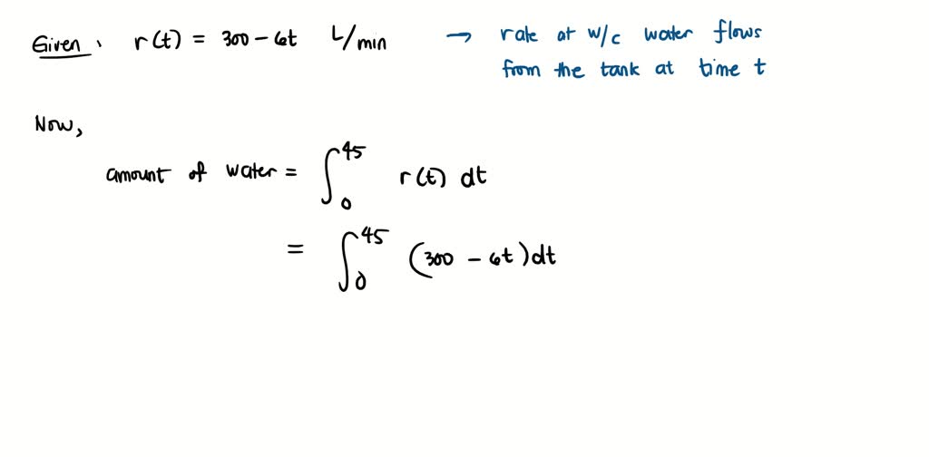 SOLVED: Water flows from the bottom storage tank at = rate of r(t) = 9 ...