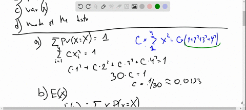 1-mean-and-variance-of-an-unnamed-discrete-distribution-the-mass-function-of-a-discrete-random-variable-x-is-given-by-prx-x-cx-2-for-x-l234-find-a-the-normalization-constant-c-b-the-expectat-35853