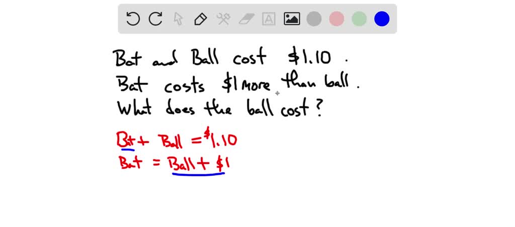 SOLVED: a bat a baseball costs 1.10. the bat more than the ball. how much does the ball cost?