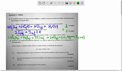 question-5-redox-an-acidified-solution-of-sodium-nitrite-nanoz-added-to-aqueous-potassium-iodide-producing-iodine-and-nitrogen-monoxide-no-write-half-equation-for-the-conversion-of-noz-in-an-77036