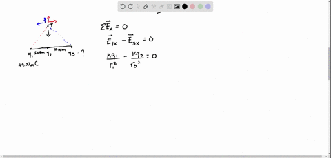 three-charges-are-placed-along-a-line-as-shown-in-the-diagram-the-charge-q1-is-400-c-but-the-values-of-the-charges-q2-and-q3-are-not-known-point-p-is-800-cm-directly-above-q2-the-three-charges-create-