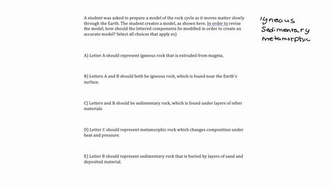 a-student-was-asked-to-prepare-a-model-of-the-rock-cycle-as-it-moves-matter-slowly-through-the-earth-the-student-creates-a-model-as-shown-here-in-order-to-revise-the-model-how-should-the-let-41772