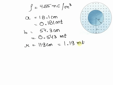 a-hollow-sphere-has-a-uniform-volume-charge-density-of-455-ncm3-the-inner-radius-is-a-181-cm-and-the-outer-radius-is-b-543-cm-what-is-the-magnitude-of-the-electric-field-at-119-cm-from-the-center-of-t